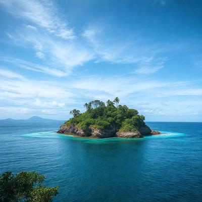 The primary subject of the image is a small island in the middle of a large body of water. The island is surrounded by a lush green forest, and it is situated in a beautiful blue ocean. The setting is serene and picturesque, with the island appearing as a peaceful retreat from the surrounding environment. The visual style of the image is a realistic representation of the island and its surroundings, capturing the beauty of nature. The colors and mood of the image are predominantly blue and green, creating a